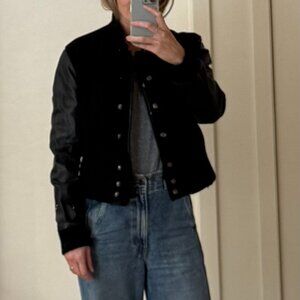 Womens Black Leather and Wool Baseball Mini Bomber Jacket Size Small